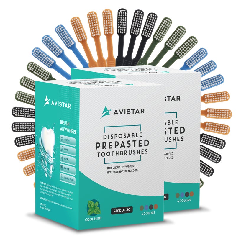 Avistar 160 Prepasted Disposable Toothbrushes Individually Wrapped Single Use Pre Pasted Disposable Toothbrushes with Toothpaste Built in Waterless Toothbrush for Travel Guests Hotel Camping